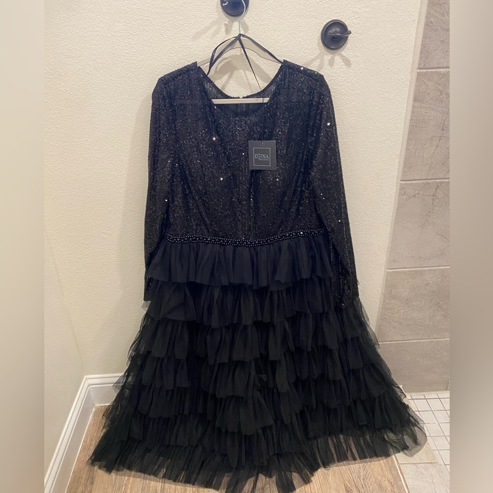 Mac Duggal Sequin Tiered Long Sleeve Tulle Dress